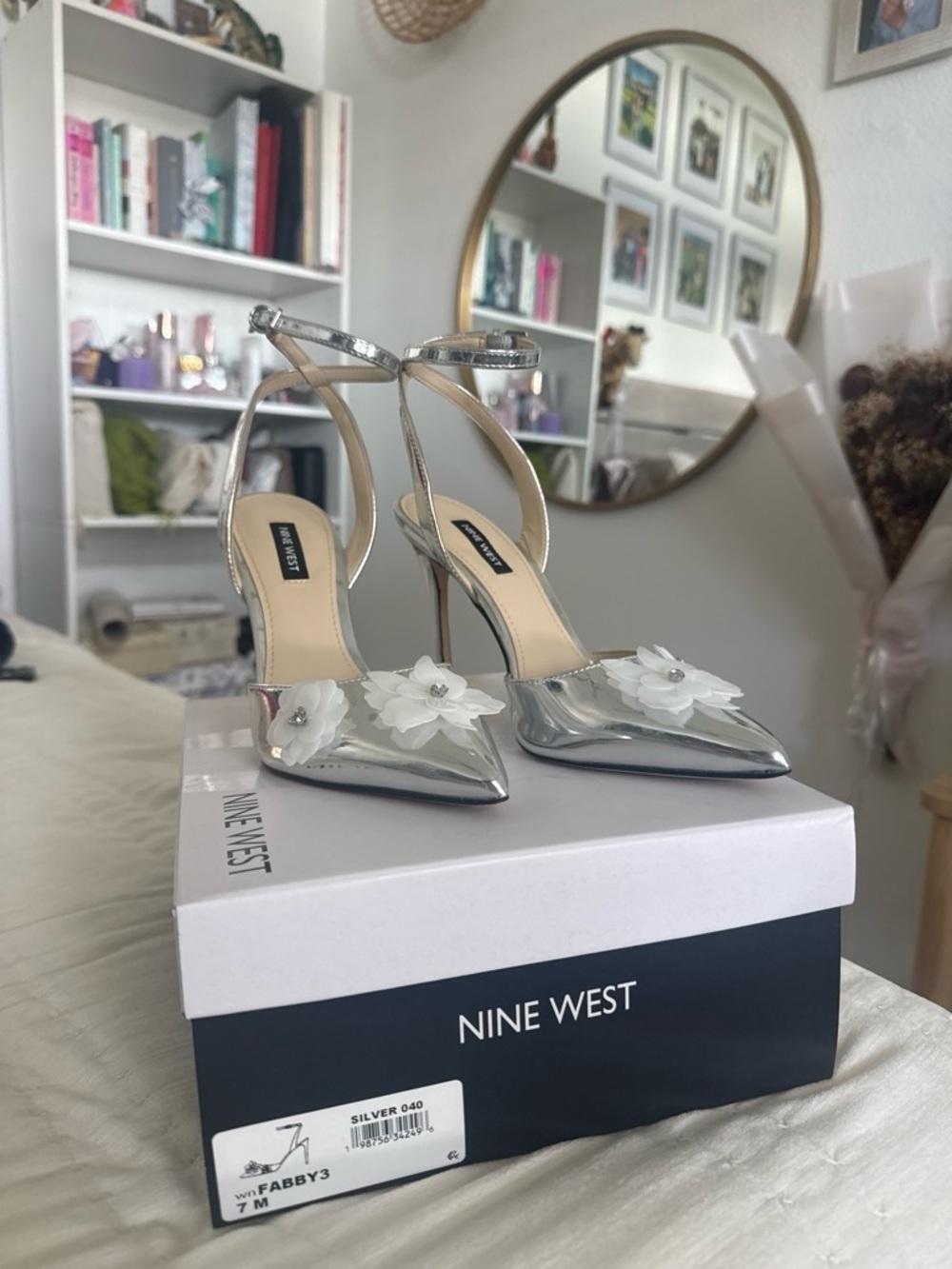 Nine West Silver Pointed-Toe Ankle-Strap Heels with Floral Applique